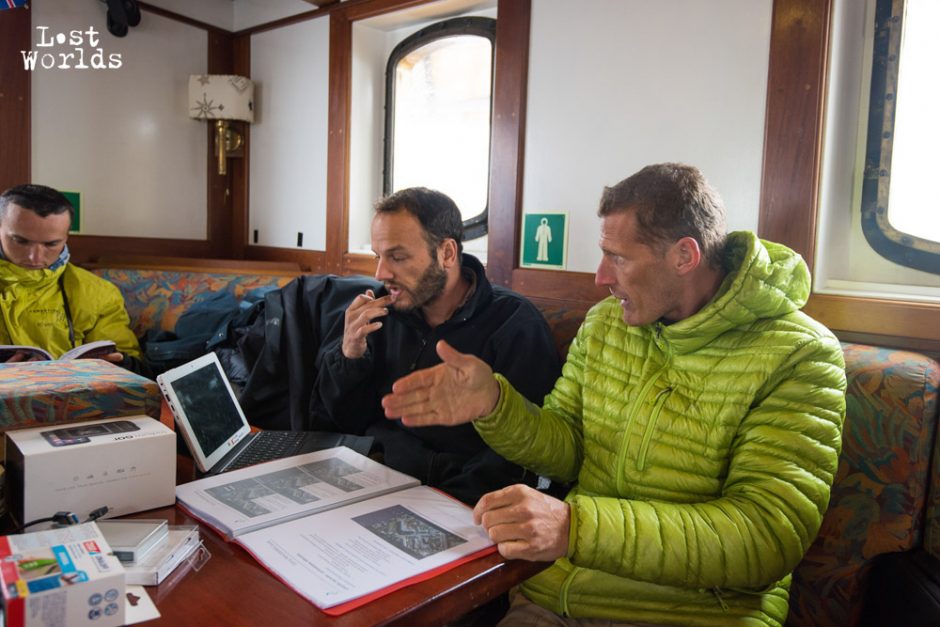 Evrard and Phil exchange plans around the glider UAV flights. (Photo Credit Yann Bigant / Naturevolution)