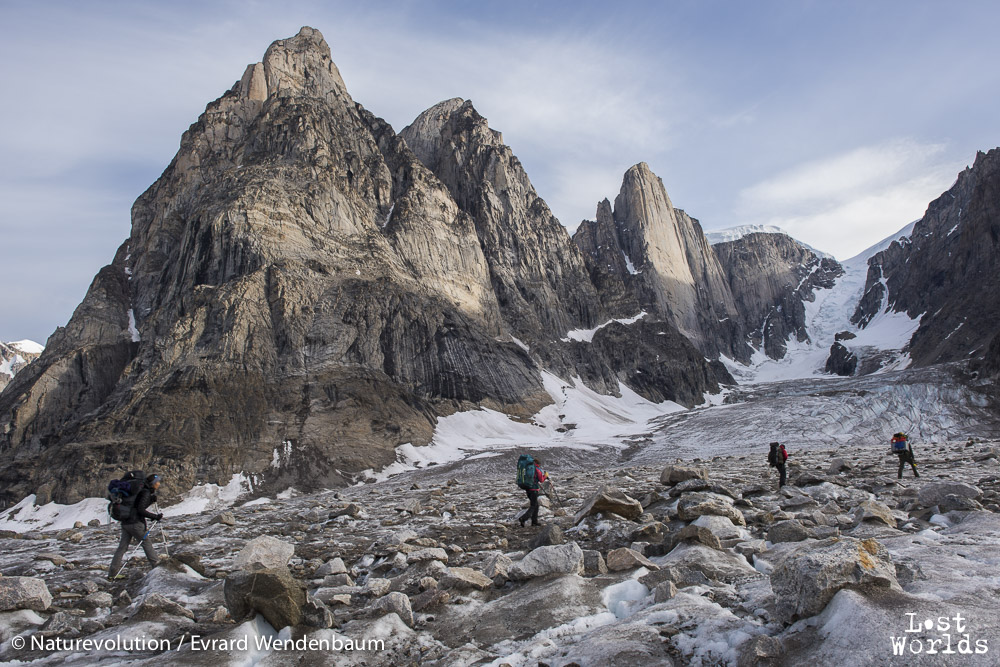 Moving to Camp 3 on the moraines of the Edward Bailey glacier